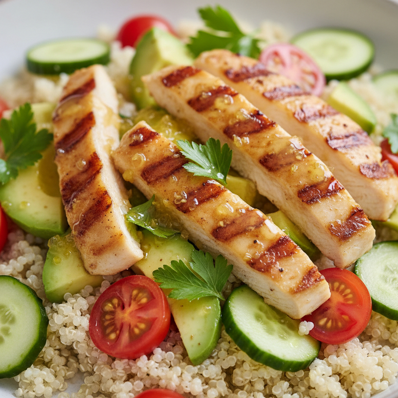 Salada de quinoa proteica com frango grelhado, abacate e legumes frescos