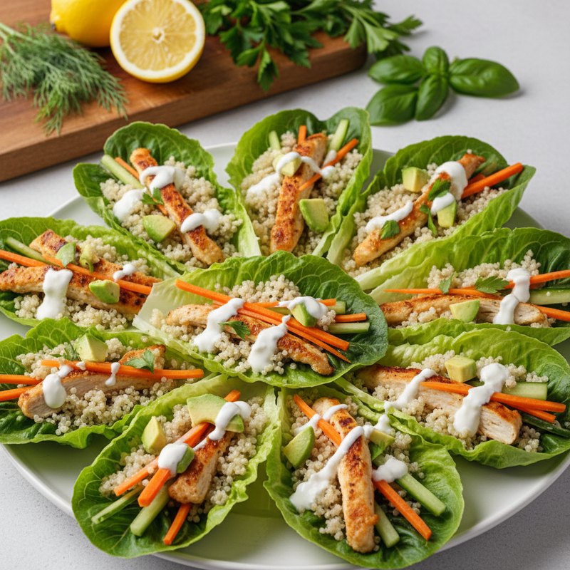 Wrap de alface recheado com frango grelhado, quinoa, abacate e legumes, prato fitness