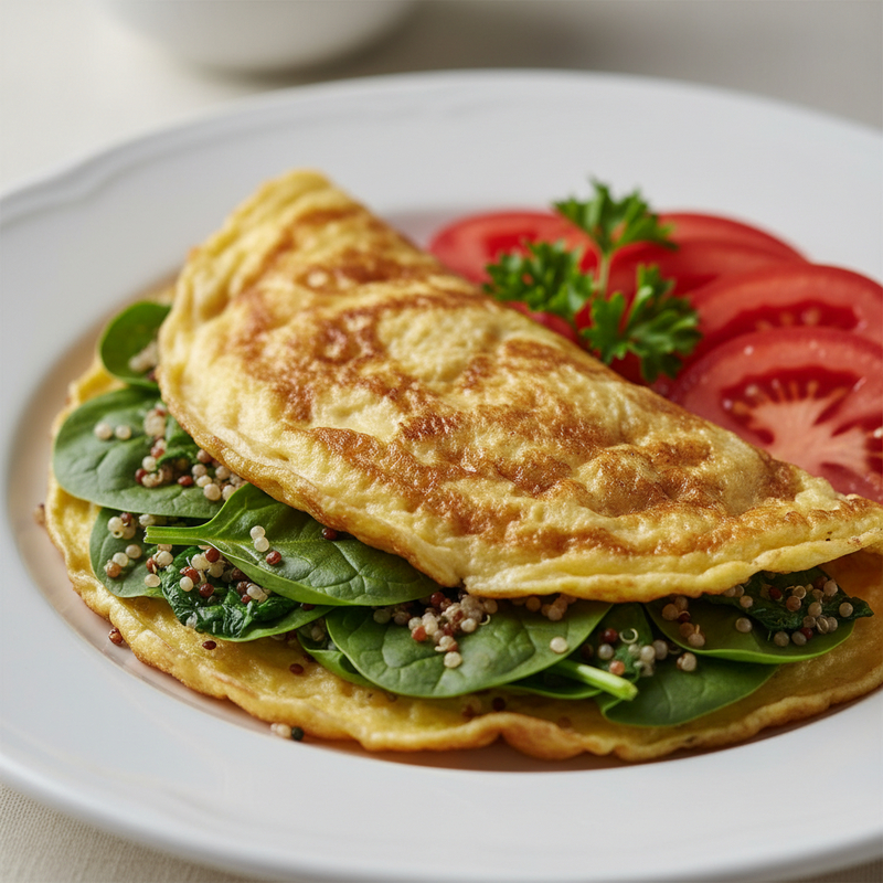 Omelete de espinafre com quinoa, prato fitness rico em proteínas e fibras