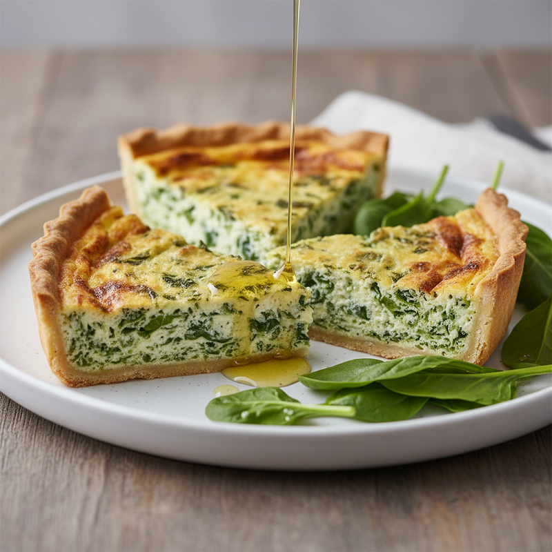 Quiche low carb de espinafre e ricota recém-assada, com crosta dourada e recheio cremoso