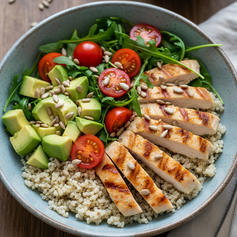 Bowl de quinoa com frango grelhado, abacate e legumes, prato fitness saudável
