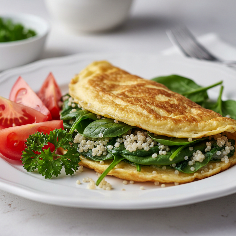 Omelete de claras proteica com espinafre e quinoa, prato fitness
