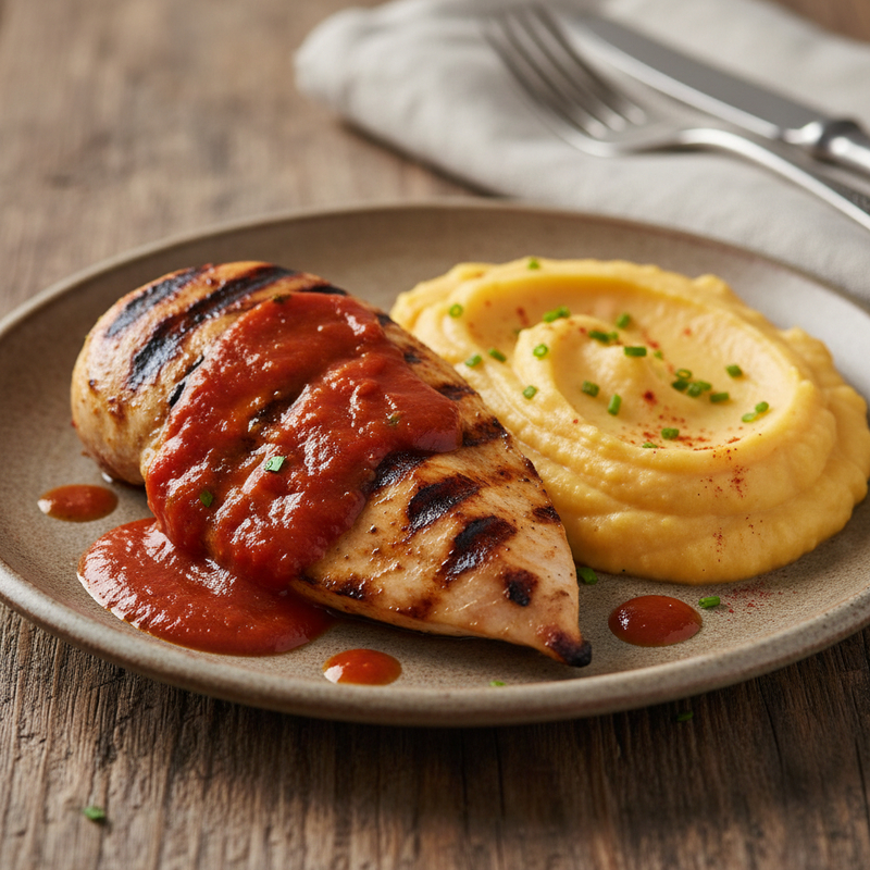 Frango Grelhado com Molho de Pimentão Vermelho e Purê de Inhame