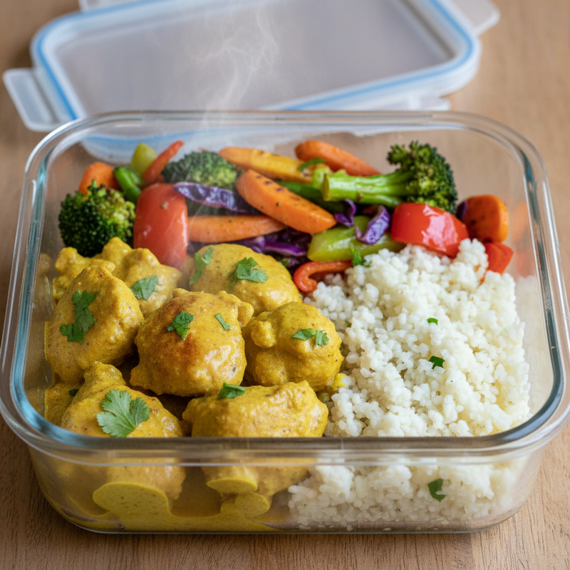 Marmita de Frango ao Curry com Legumes e Arroz de Couve‑Flor – Batch Cooking Fitness