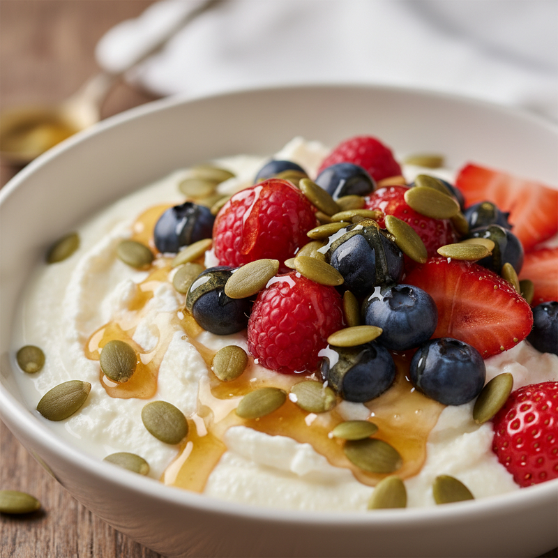 Iogurte Fermentado Power com Sementes de Abóbora, Frutas Vermelhas e Mel