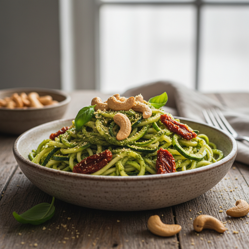 Espaguete de Abobrinha ao Pesto Cremoso de Castanha‑de‑Caju e Tomate Seco