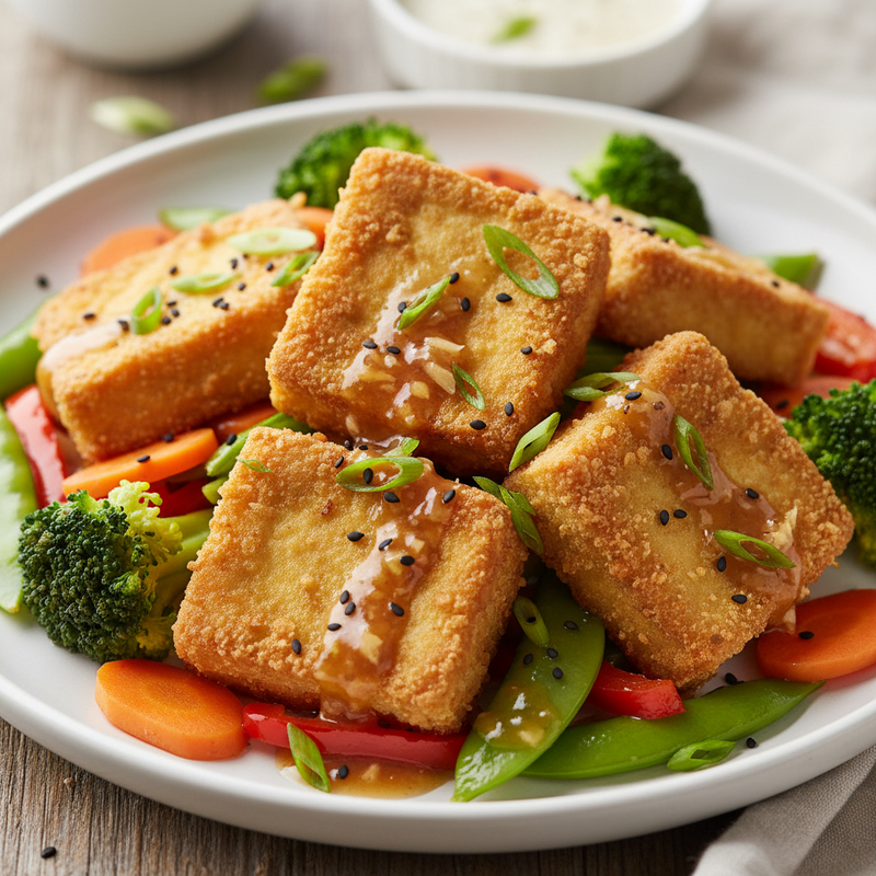 Tofu Crocante com Legumes ao Molho de Gengibre