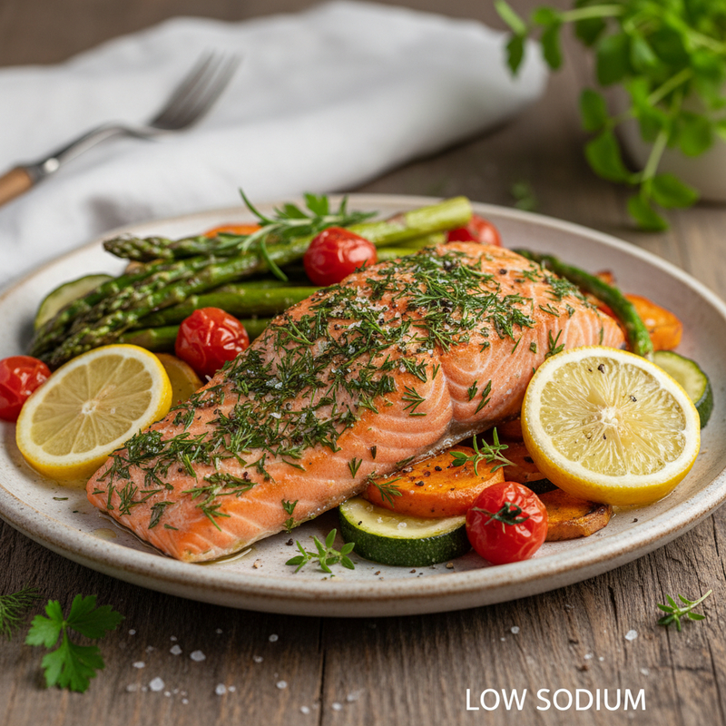 Salmão ao Forno com Ervas e Legumes – Baixo Teor de Sódio