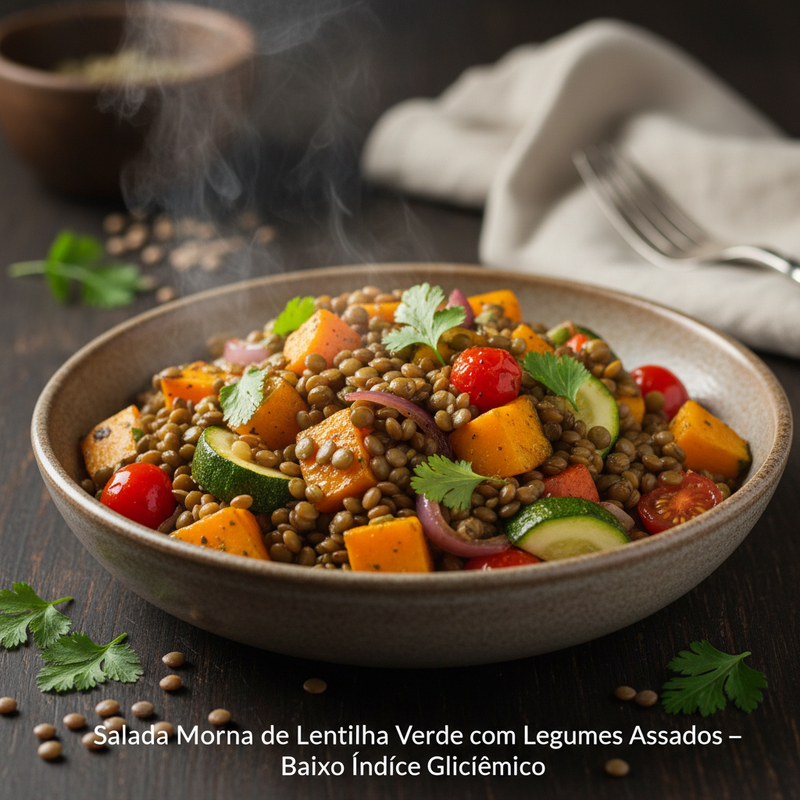 Salada Morna de Lentilha Verde com Legumes Assados – Baixo Índice Glicêmico