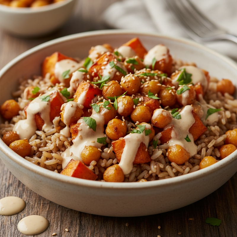 Bowl Energético de Arroz Integral com Batata‑Doce, Grão‑de‑Bico e Molho de Tahine