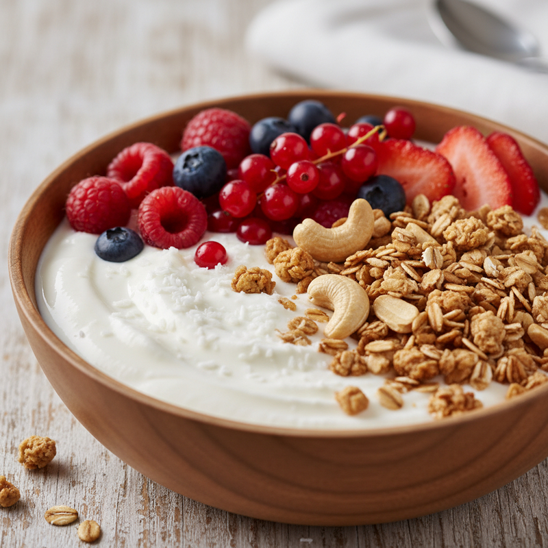Iogurte Fitness de Coco com Frutas Vermelhas e Granola de Castanha‑de‑Caju