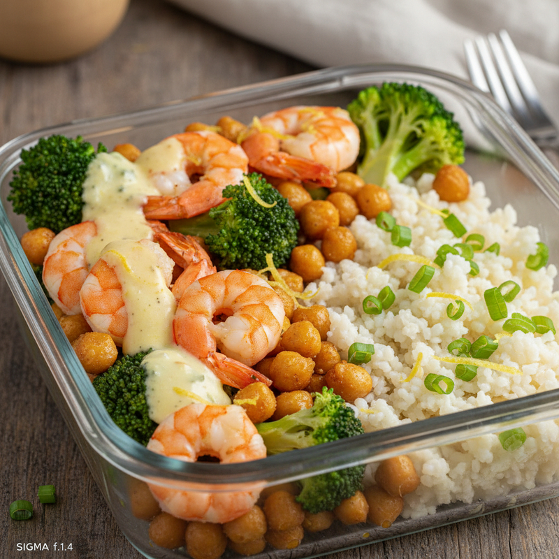 Marmita de Grão‑de‑Bico com Camarão, Brócolis e Arroz de Couve‑Flor ao Molho de Limão e Gengibre