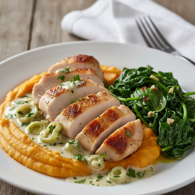 Frango ao Alho‑Poró com Purê de Batata‑Doce e Espinafre Salteado