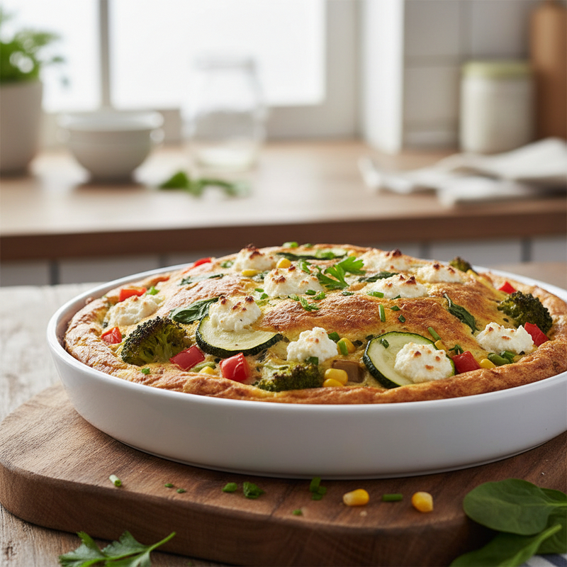 Frittata de legumes fit com pedaços de abobrinha, pimentão vermelho e espinafre, coberta por queijo cottage derretido