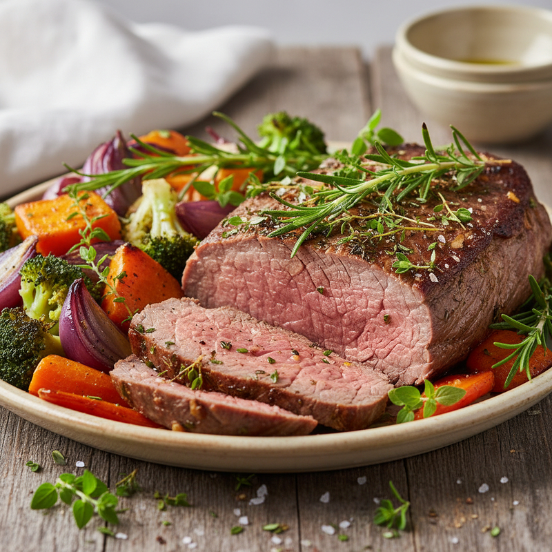 Coxão Mole Assado Fit com legumes grelhados e ervas frescas