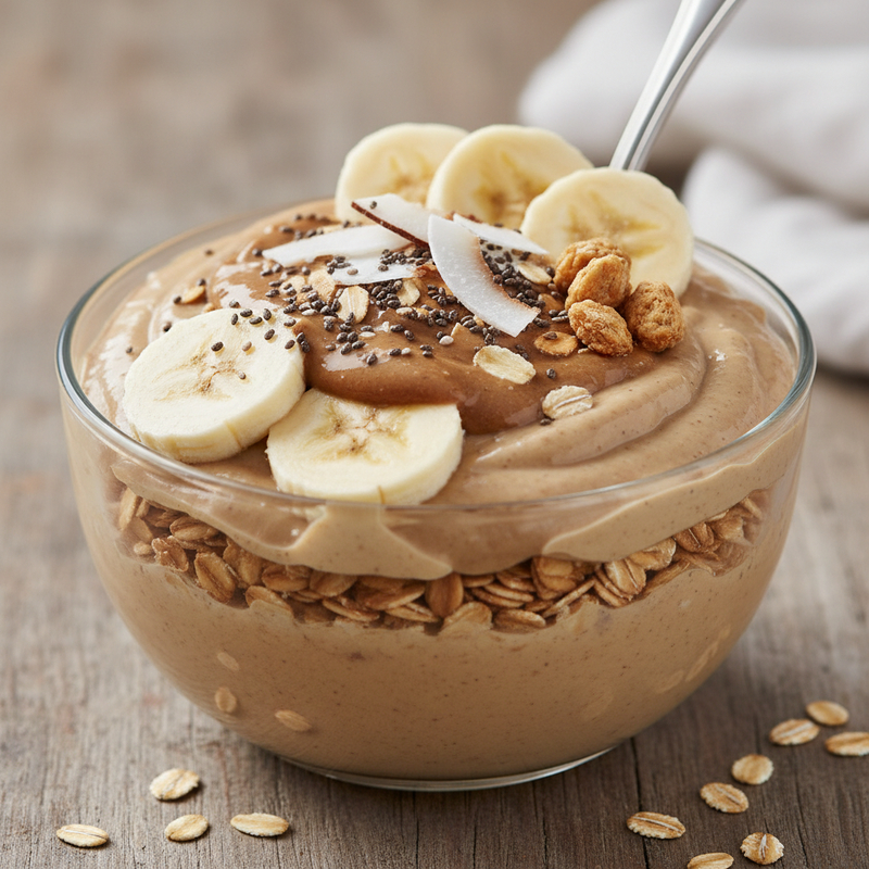 Smoothie de banana e aveia fit servido em copo, cremoso e decorado com rodelas de banana