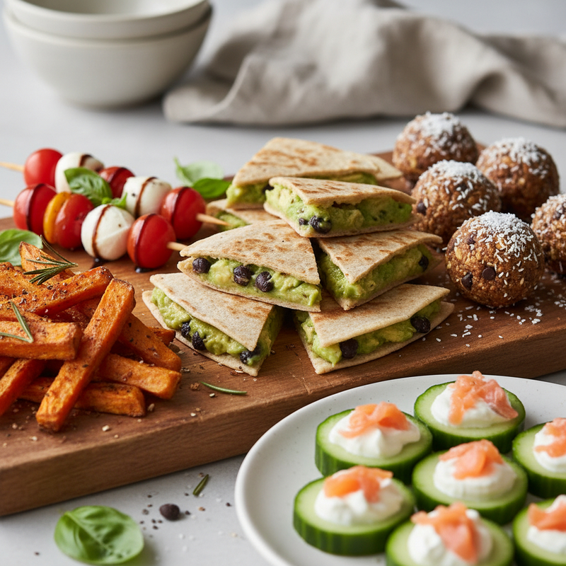 Prato com variedade de finger foods saudáveis: palitos de cenoura, rolinhos de pepino com hummus e mini espetinhos de frango grelhado.