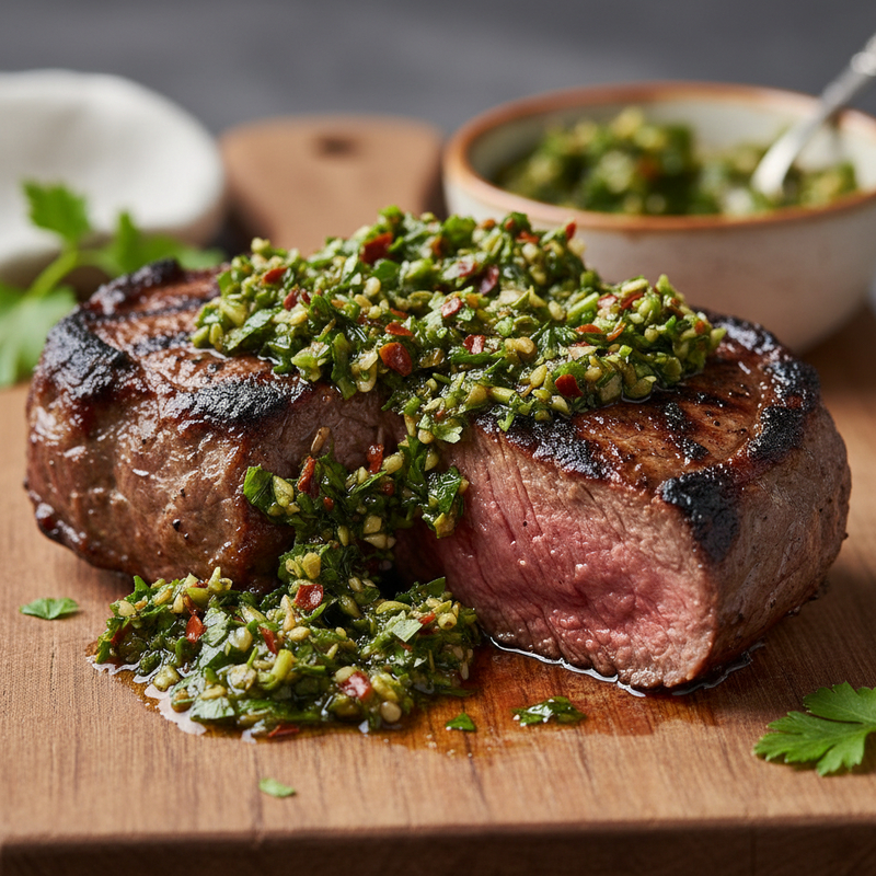 Imagem de coxão mole grelhado fit com molho chimichurri sobre prato branco