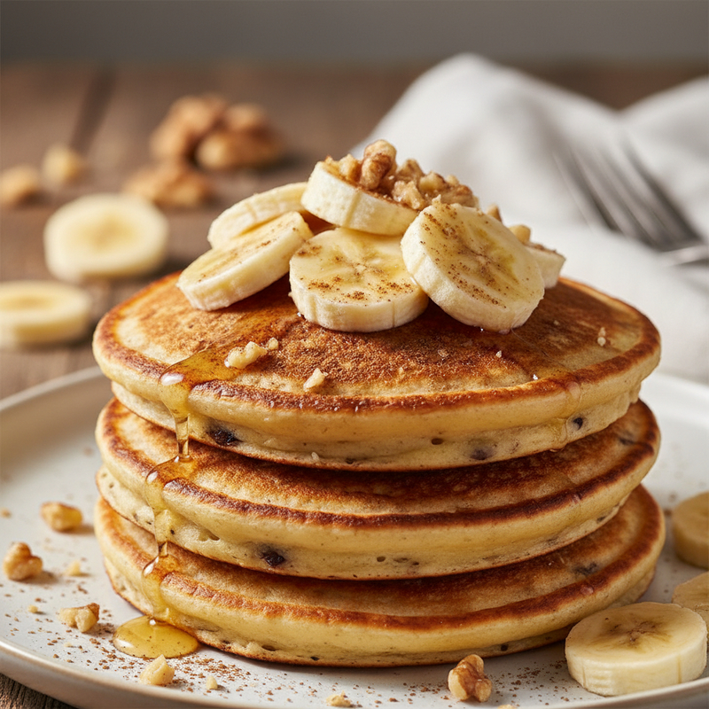 Panqueca de banana sem lactose dourada, coberta com frutas vermelhas