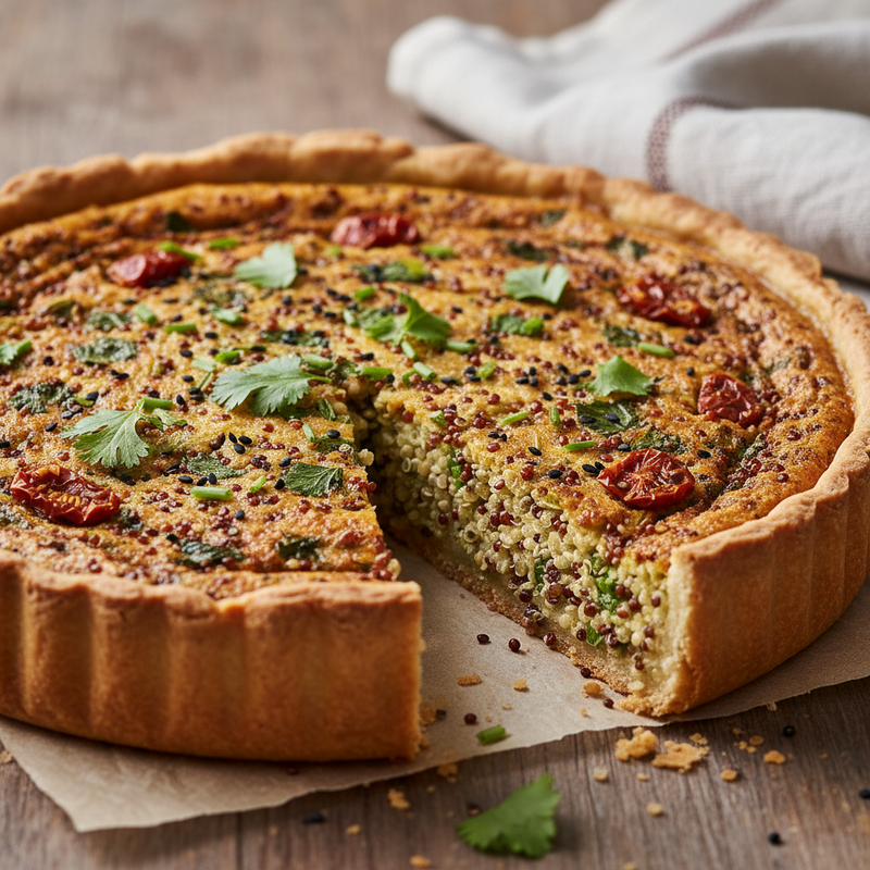 Foto da torta de quinoa sem glúten com recheio de espinafre e tomate, servida em prato