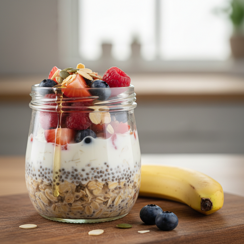 overnight oats fit preparado em pote de vidro com frutas vermelhas e banana