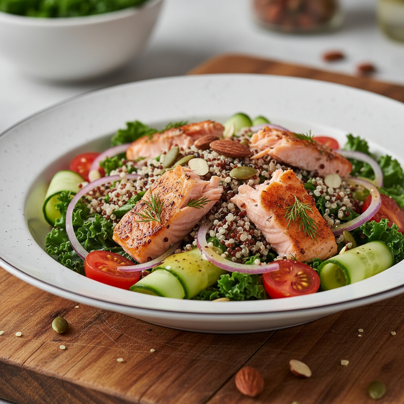Foto da salada quinoa salmão fit com folhas verdes, quinoa soltinha e lascas de salmão defumado