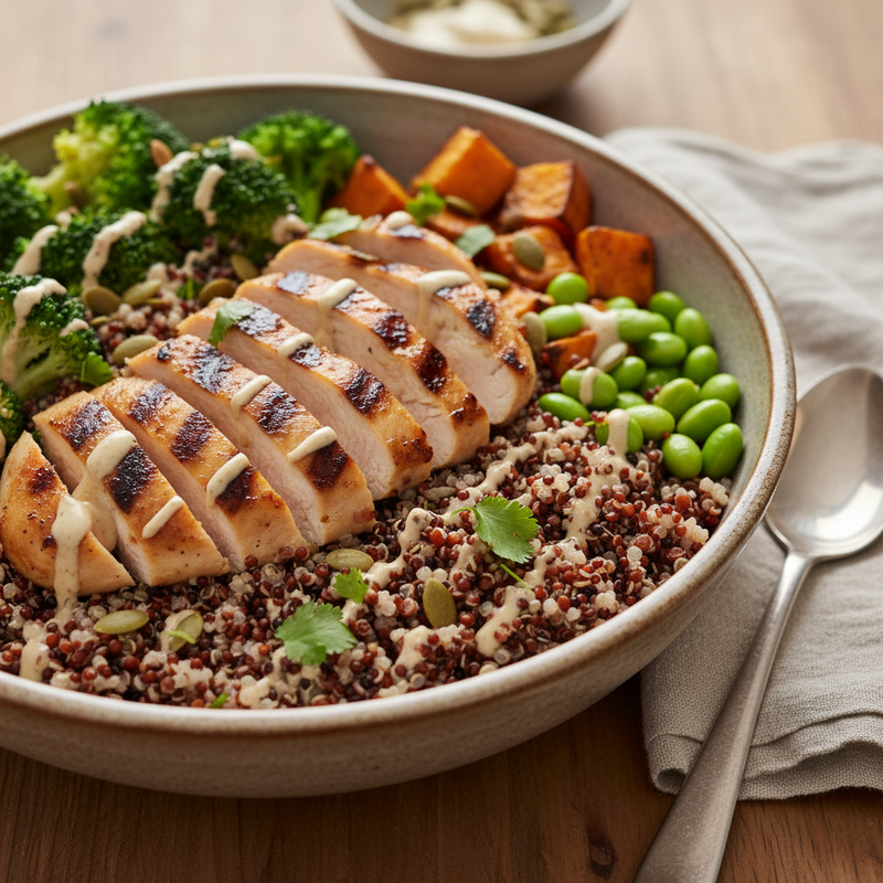 Bowl de quinoa com frango grelhado, legumes coloridos e sementes de abóbora, ideal para força e alta proteína
