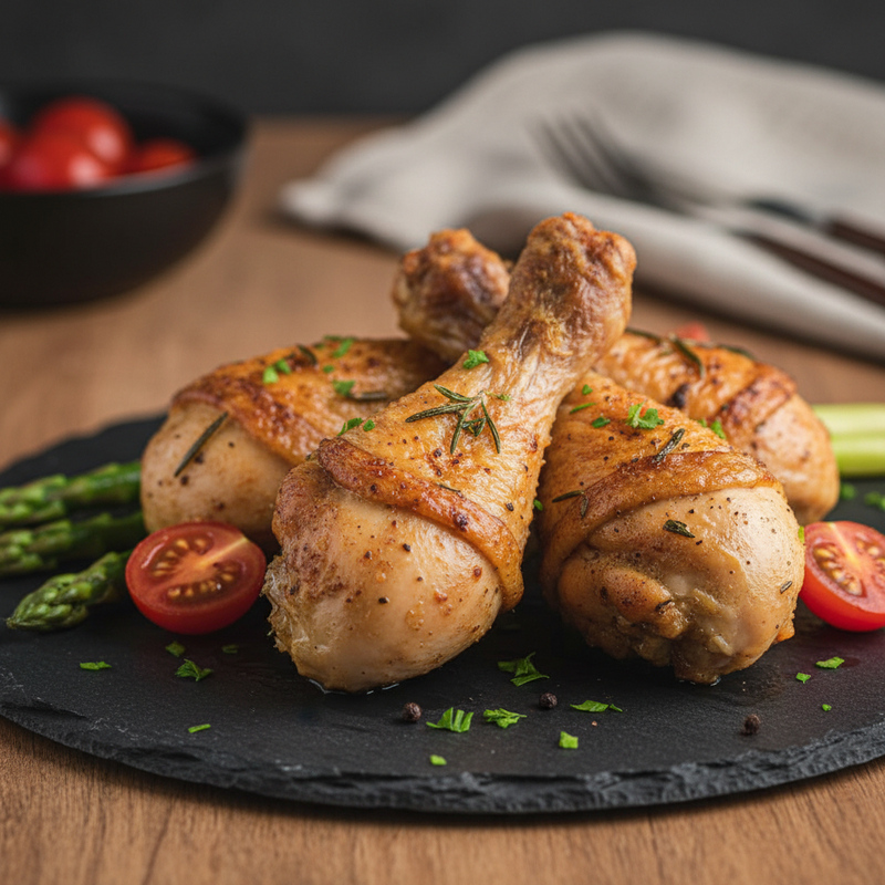 Frango airfryer low carb servido com vegetais verdes e vermelhos, prato fitness