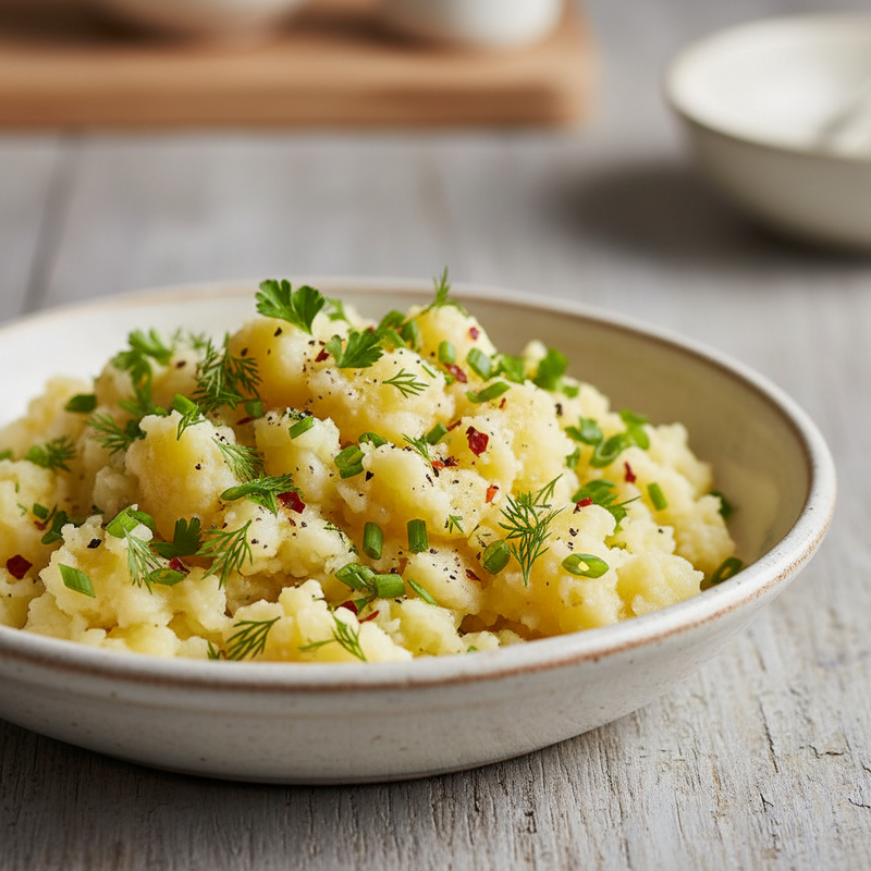 batata amassada fit cremosa com ervas frescas e azeite, prato saudável para pós‑treino