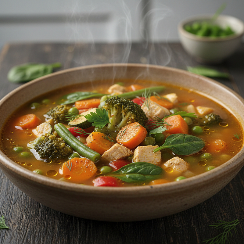 Sopa de legumes fit, tigela quente com vegetais coloridos e proteína