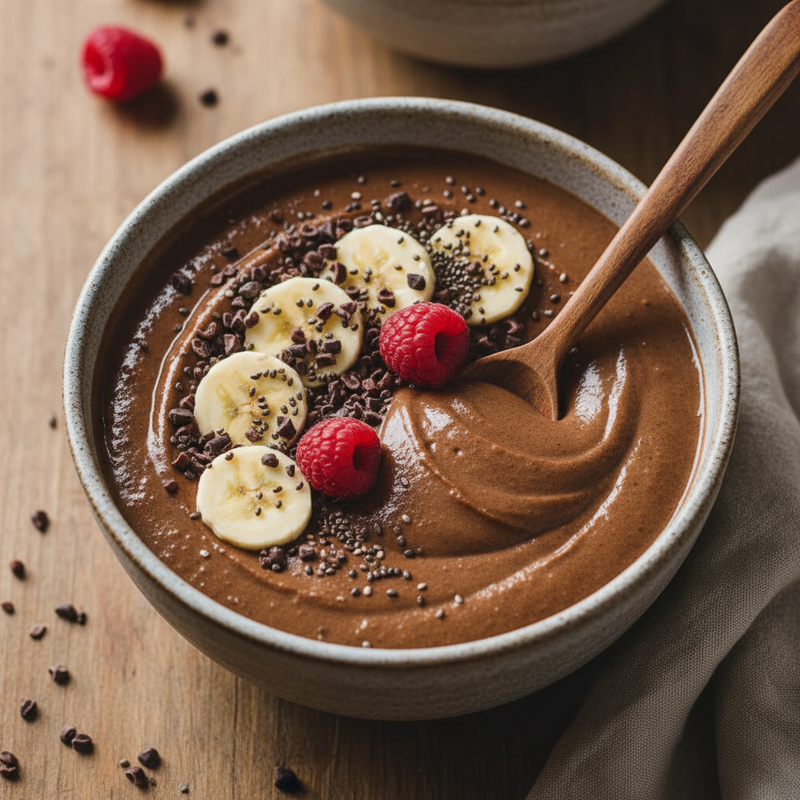 Smoothie de proteína cacau servido em copo, com espuma cremosa e raspas de cacau, representando a receita fitness