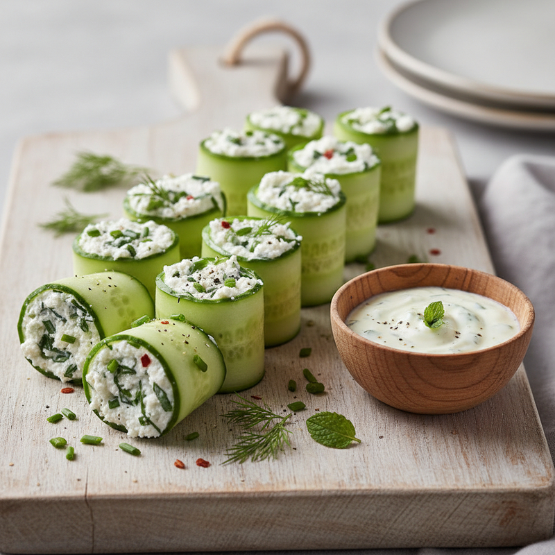 Imagem de rolinho de pepino fit recheado com ricota e ervas frescas, apresentado como finger food saudável