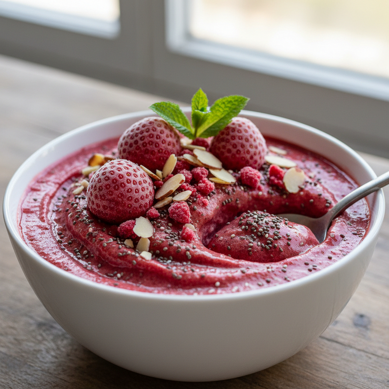 smoothie de morango congelado servido em copo alto, com pedaços de morango congelado e espuma cremosa