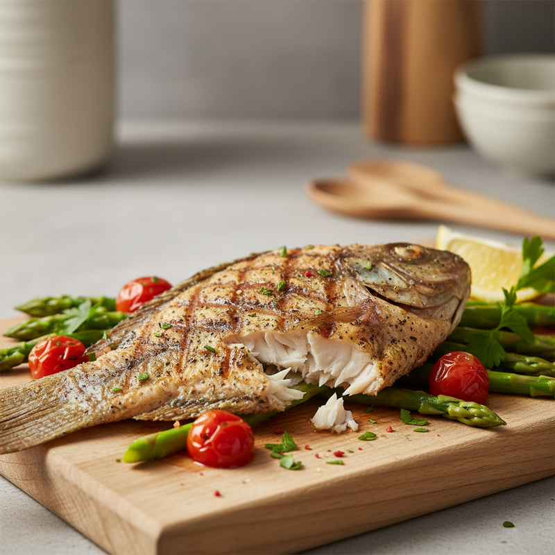 Filé de tilapia grelhada fit pronto para servir, com limão e salsinha