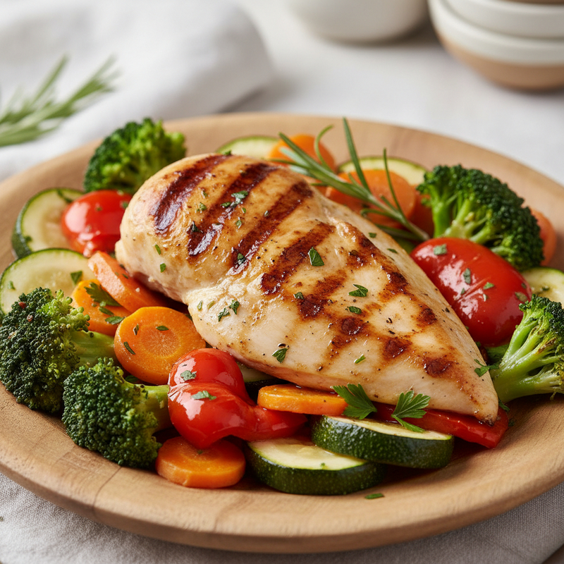 Frango grelhado com legumes assados, prato nutritivo e colorido