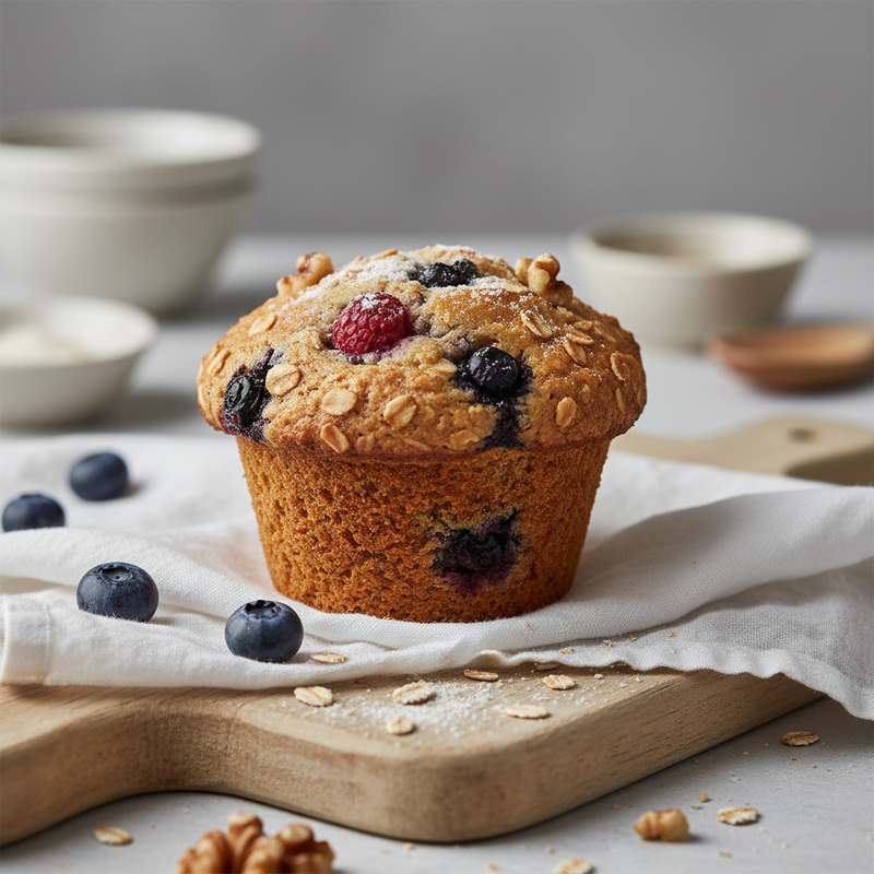 Muffin de aveia sem açúcar recém assado em prato branco