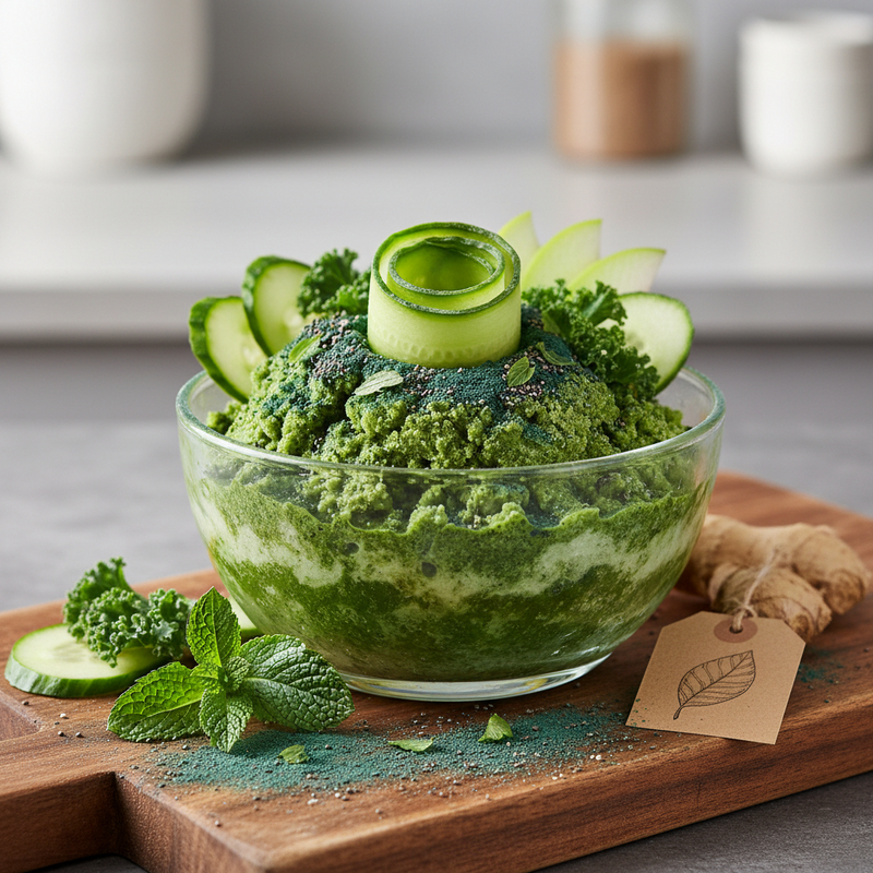 Imagem de suco detox verde servido em copo transparente, mostrando a cor verde intensa da bebida