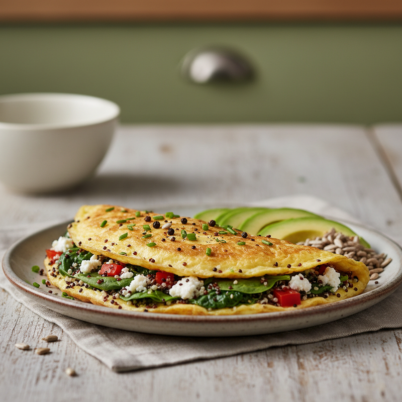 Omelete de quinoa fit com espinafre e tomate, pronto para o café da manhã