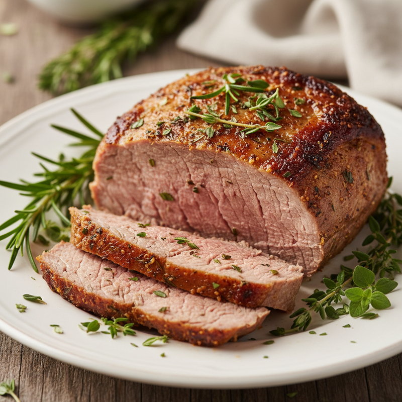 Pedaços de coxão mole assado fit com ervas frescas em uma travessa, pronto para servir, destacando a suculência da carne.