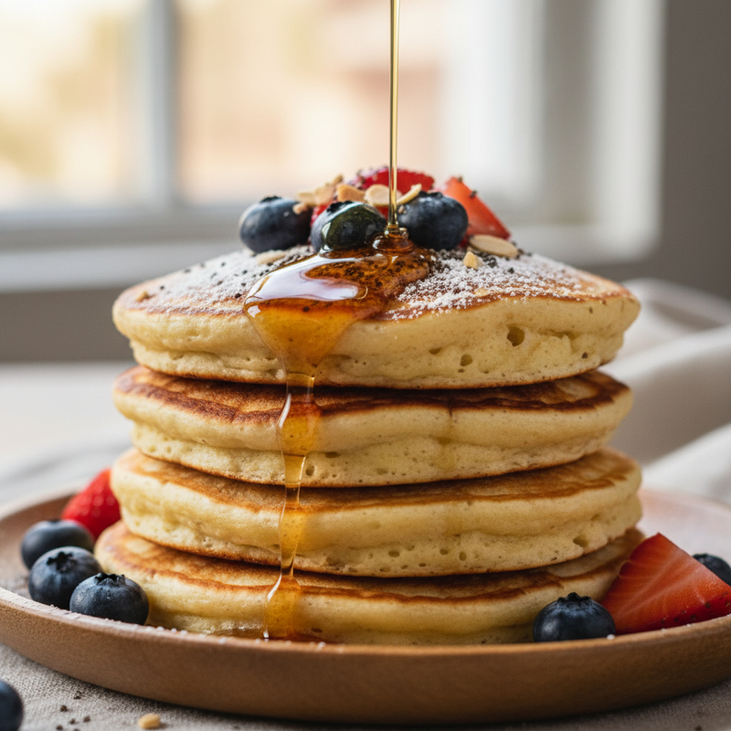 Foto da panqueca de whey protein pronta, mostrando a textura macia e dourada