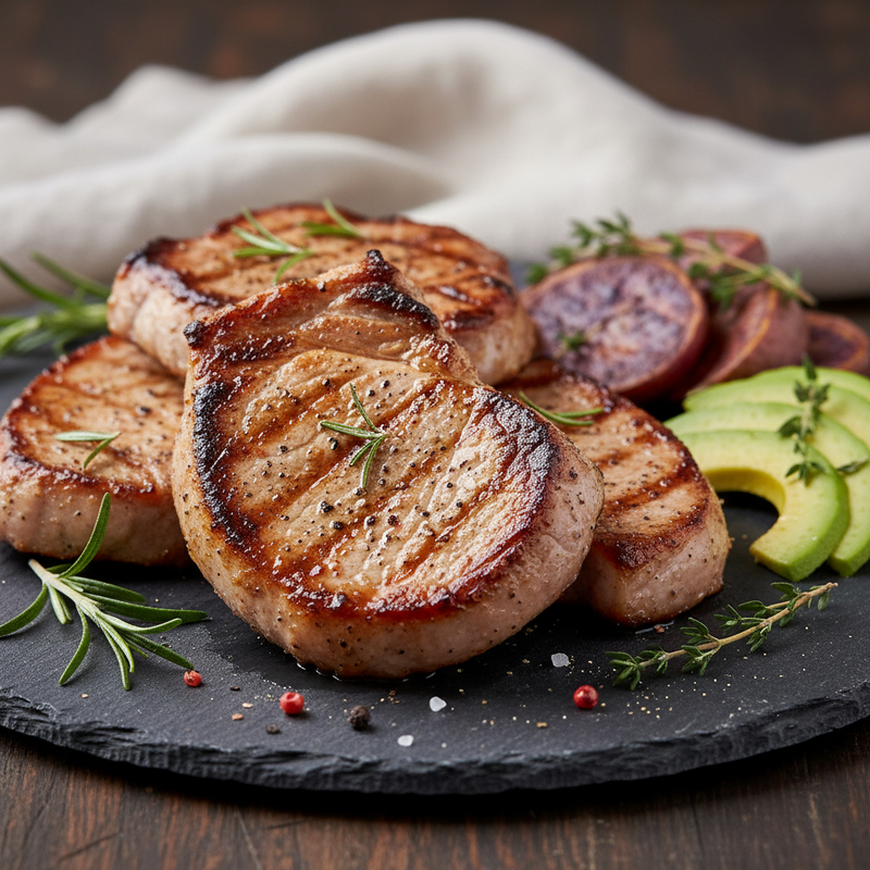 Picanha Suína Grelhada Fit fatiada e suculenta, com ervas frescas e rodelas de limão em um prato, pronta para ser servida.