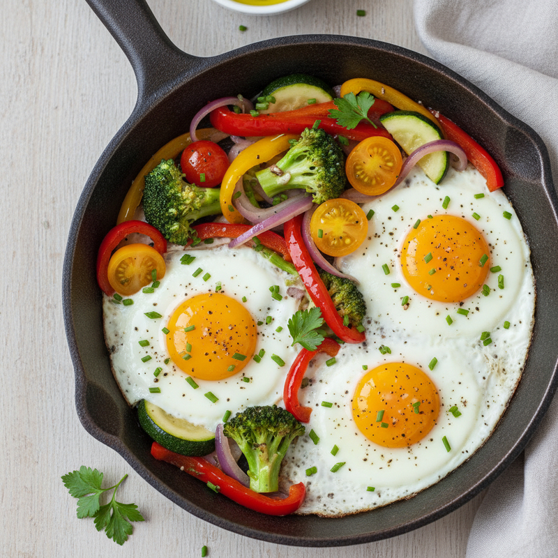Frigideira de ovos fit assada com brócolis, pimentão e espinafre, pronta para servir.