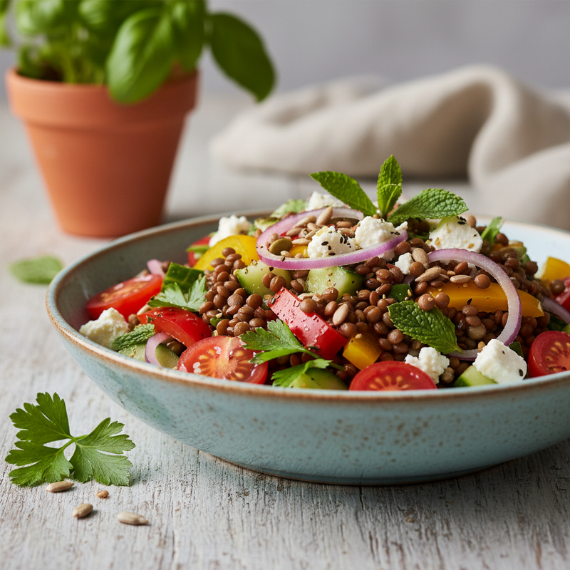Uma tigela colorida de Salada de Lentilha Fit com vegetais frescos e temperos mediterrâneos.