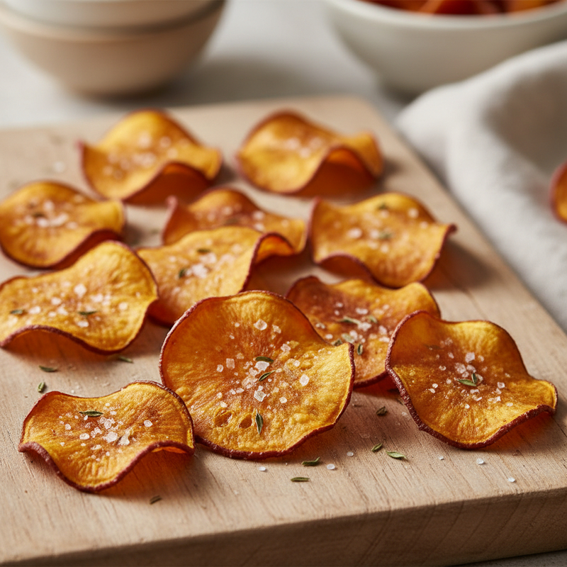 Prato com chips de batata doce baixo sódio assados, crocantes, temperados com alecrim e páprica.