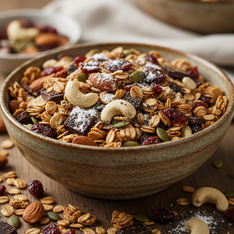 Granola Caseira Proteica crocante em uma tigela com frutas vermelhas e iogurte, pronta para o café da manhã.