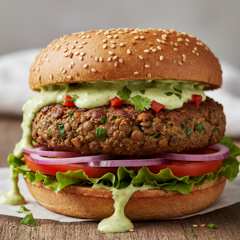 Hambúrguer de lentilha fitness servido em um pão integral com vegetais frescos e molho, destacando sua textura e cores vibrantes.