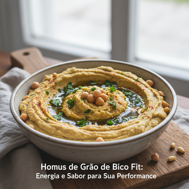 Homus de grão de bico fit cremoso e saudável, servido em tigela com vegetais para um lanche energético.