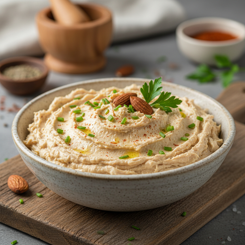 Patê de frango proteico fit cremoso com torradas integrais e vegetais, pronto para consumo