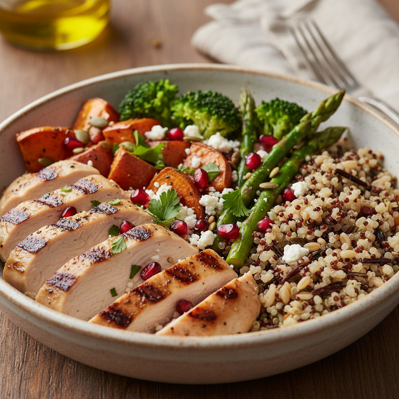 Salada bowl frango grelhado colorida com quinoa, grão de bico e vegetais frescos, vista de cima