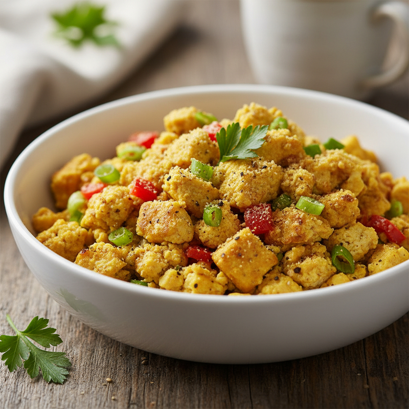 Tofu Mexido Proteico em um prato, com legumes coloridos, pronto para ser consumido.
